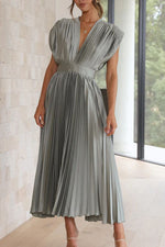 Satin Pleated V-Neck Midi Dress