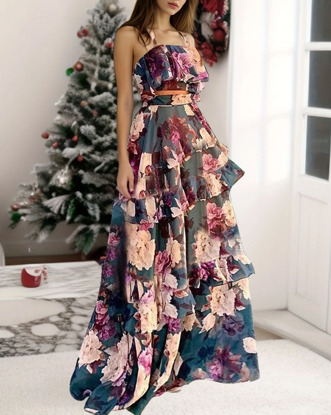 Navy Floral Crop Top and Layered Skirt Two-Piece Set