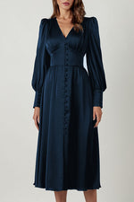 Elegant Lantern Sleeves Satin Midi Dress