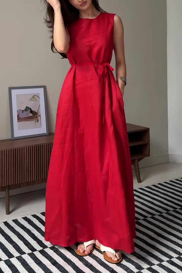 Linen Waist-Tie Sleeveless Maxi Dress