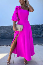Rosette One-Shoulder Split Satin Midi Dress
