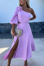 Rosette One-Shoulder Split Satin Midi Dress