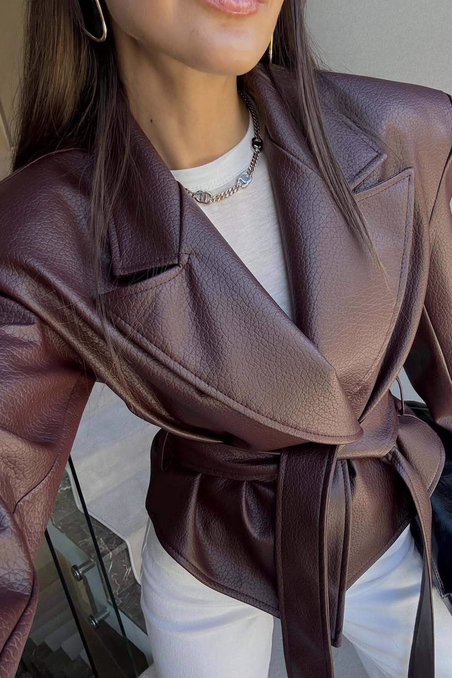 Trendy Belted Faux Leather Motorcycle Jacket