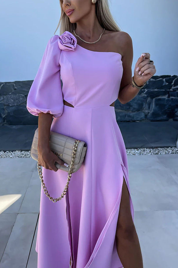 Rosette One-Shoulder Split Satin Midi Dress