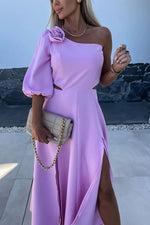 Rosette One-Shoulder Split Satin Midi Dress