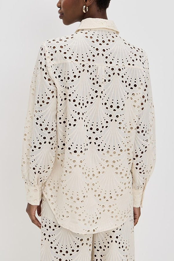 Beige Crochet Lace Button Down Shirt and Trousers Two-Piece Suits