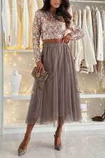 Sequined Cropped Top and Mesh Skirt Two Piece Set