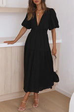 Solid Puff Sleeve Midi Dress