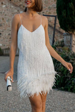 Sequin Fringed Feather-Hemline Mini Slip Dress