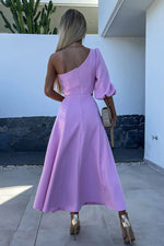 Rosette One-Shoulder Split Satin Midi Dress