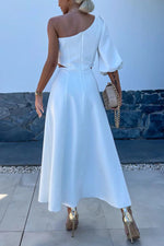 Rosette One-Shoulder Split Satin Midi Dress