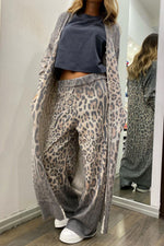 Leopard Print Long Sleeve Cardigan and Pants Two Piece Sets