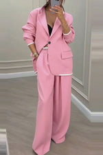 Solid Stylish Blazer and Wide-Leg Pants Two Piece Set