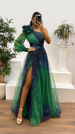 Rosette One-shoulder Mesh Maxi Dress