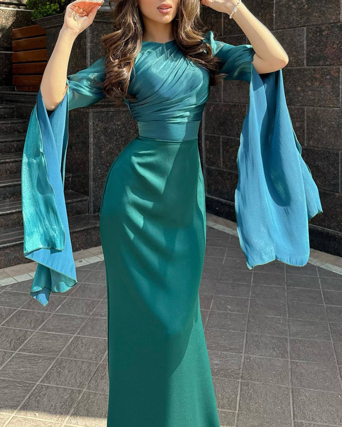Mesh Bell sleeves Satin Maxi Dress