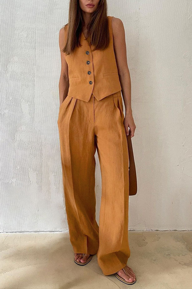 Casual Linen V-neck Vest and Pants Two Piece Suit