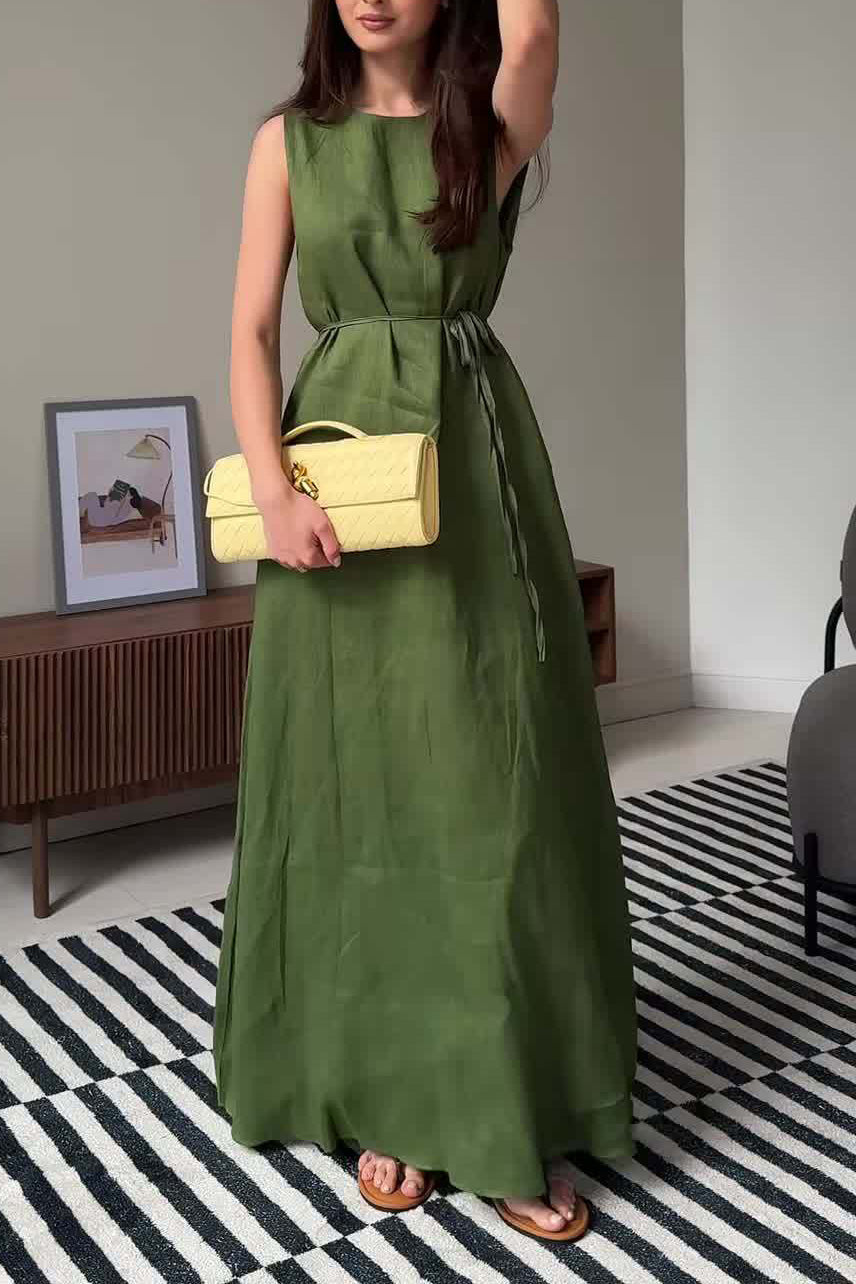 Linen Waist-Tie Sleeveless Maxi Dress