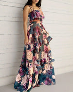 Navy Floral Crop Top and Layered Skirt Two-Piece Set