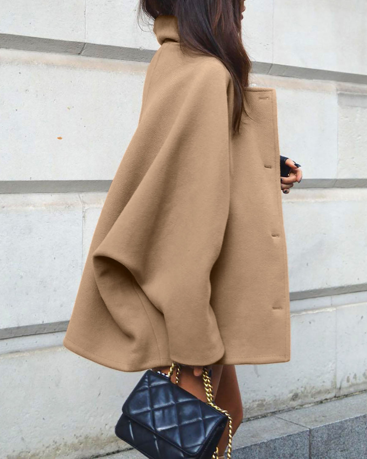 Brown Batwing Sleeve Woolen Coat