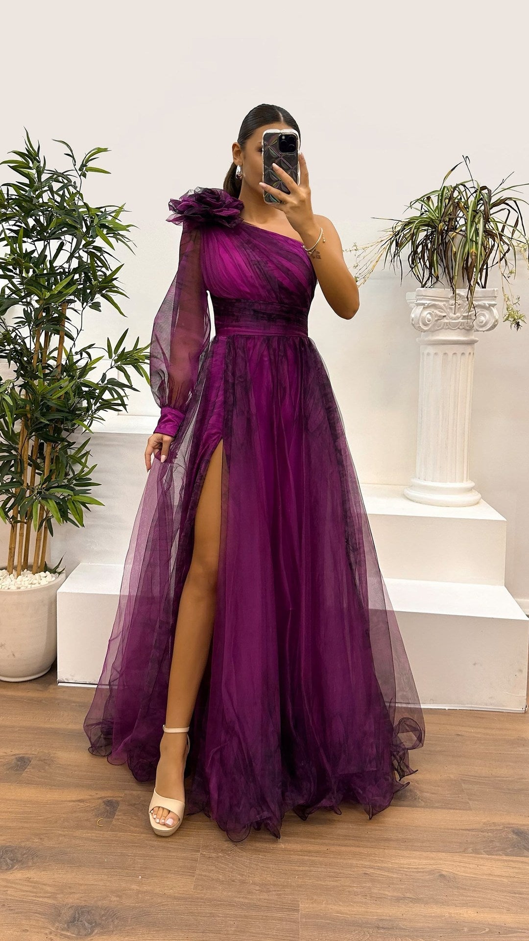 Rosette One-shoulder Mesh Maxi Dress