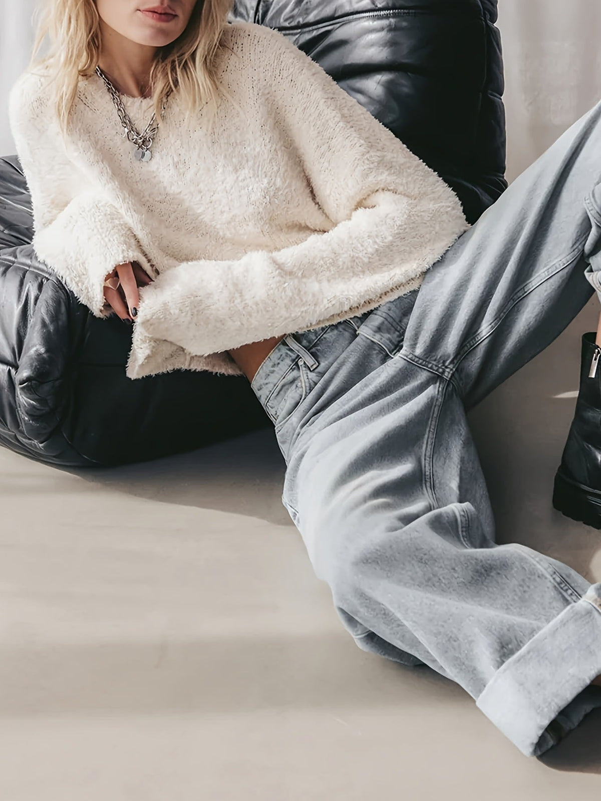 White Plush Crewneck Pullover Knit Sweater