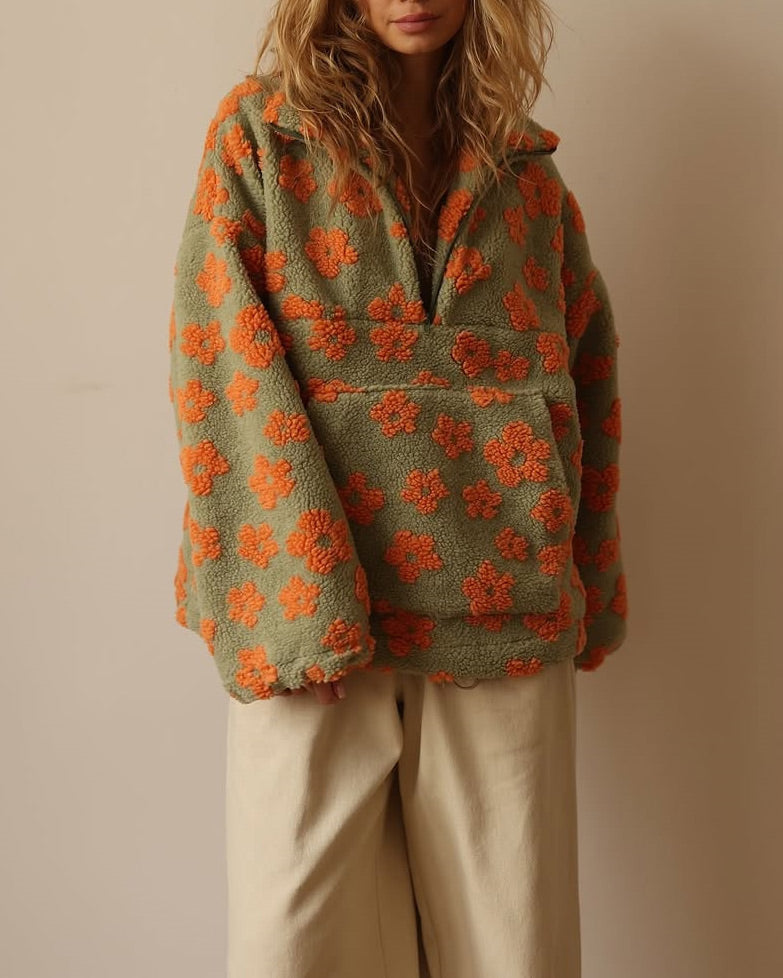 Sweet Floral Faux Sherpa Kangaroo Pocket Sweatshirt