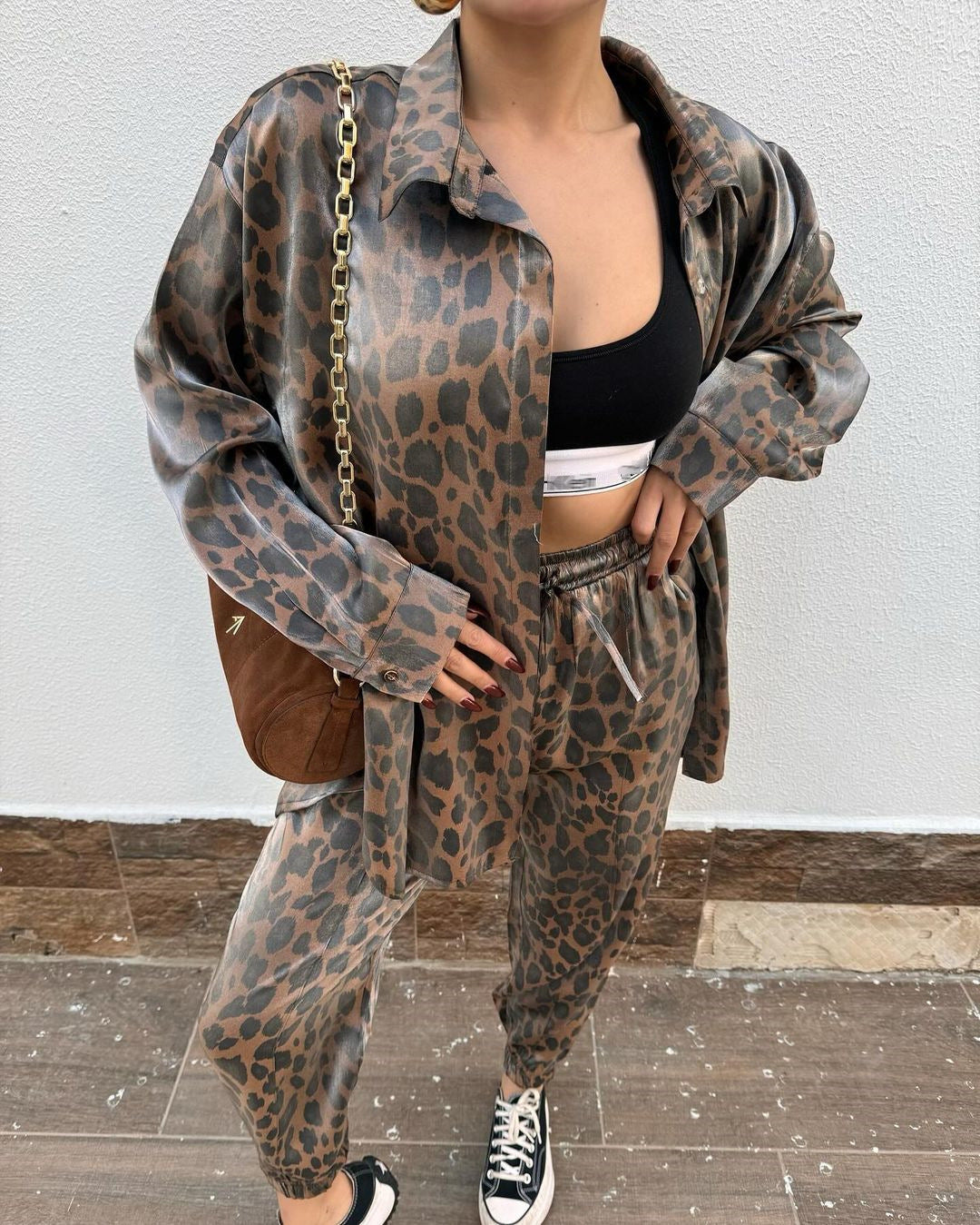 Leopard Print Shirt and Pants Two Piece Suit