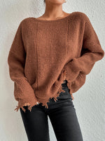 Solid Ripped Bottom Hemline Knit Sweater