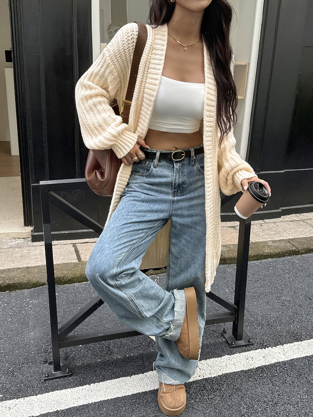 Oversized Ribbed Knit Long Cardigan