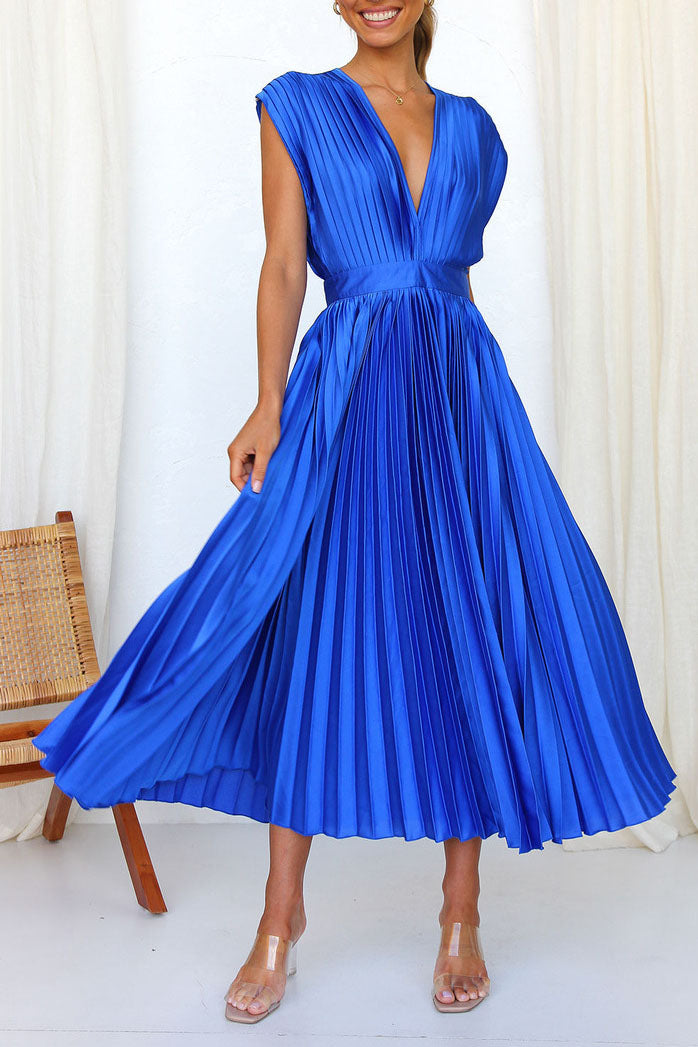 Satin Pleated V-Neck Midi Dress