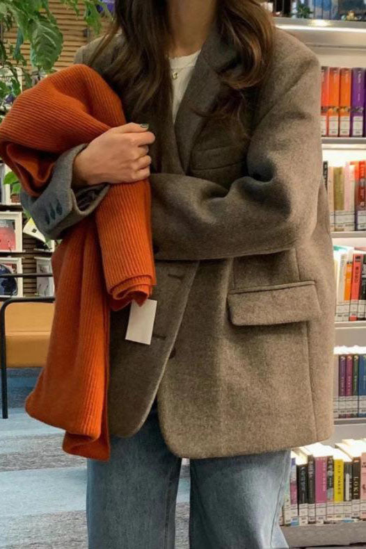 Brown Notched Lapel Woolen Blazer Coat