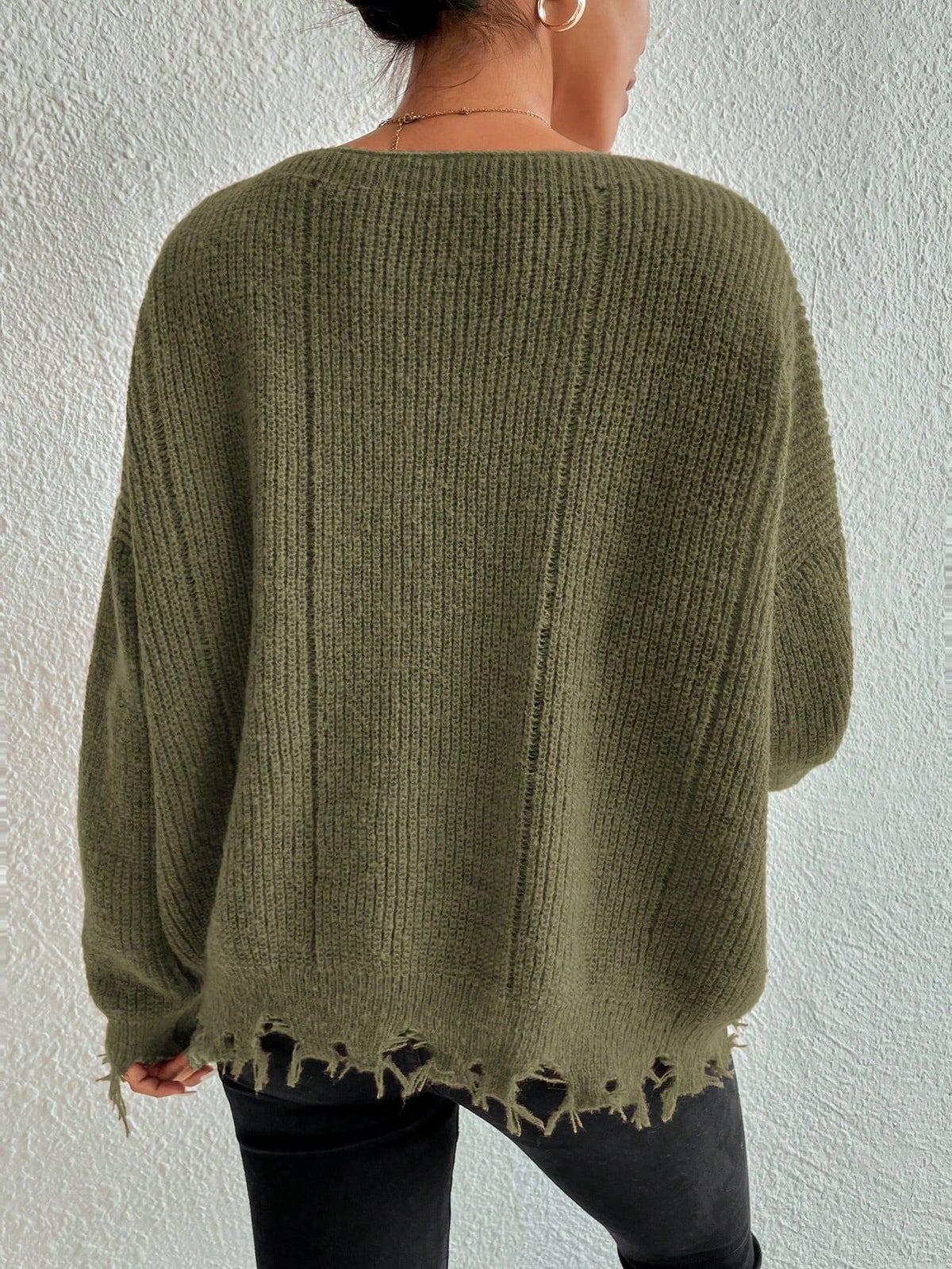 Solid Ripped Bottom Hemline Knit Sweater