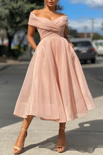 Mesh Off-Shoulder Crossover Neckline Midi Dress