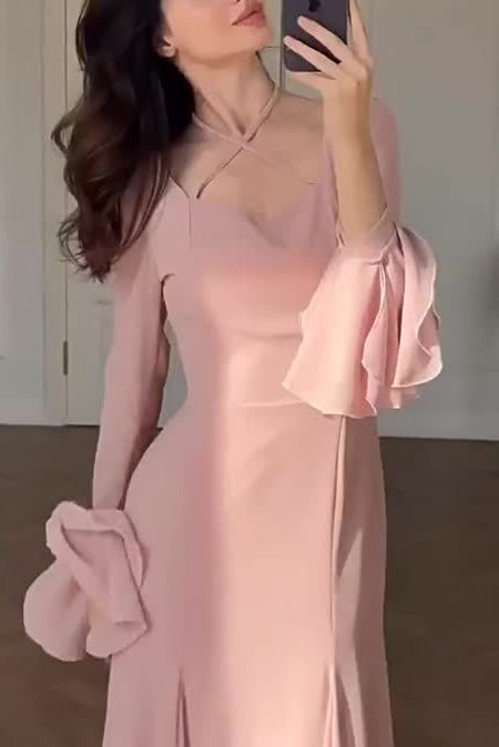 Pink Crossover Neck Flounced Cuff Maxi Dress
