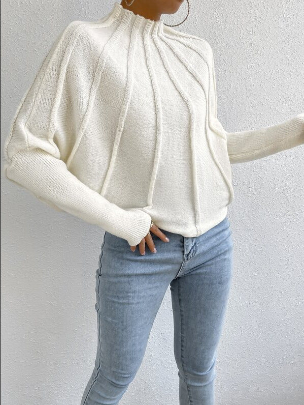 White Bat Sleeves Ribbed Knit Sweater