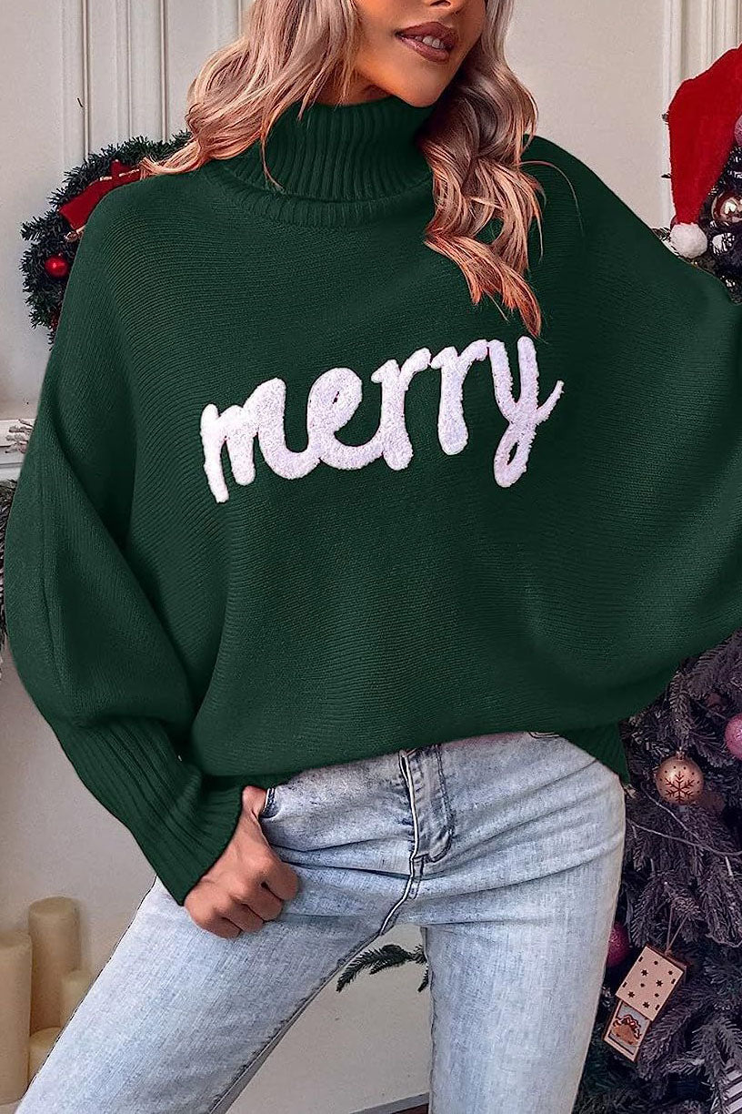 Merry Christmas Turtleneck Bat Sleeve Sweater