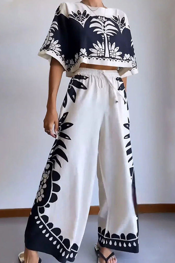 Tropical Print Crop Top and Wide Leg Pants Two Piece Set