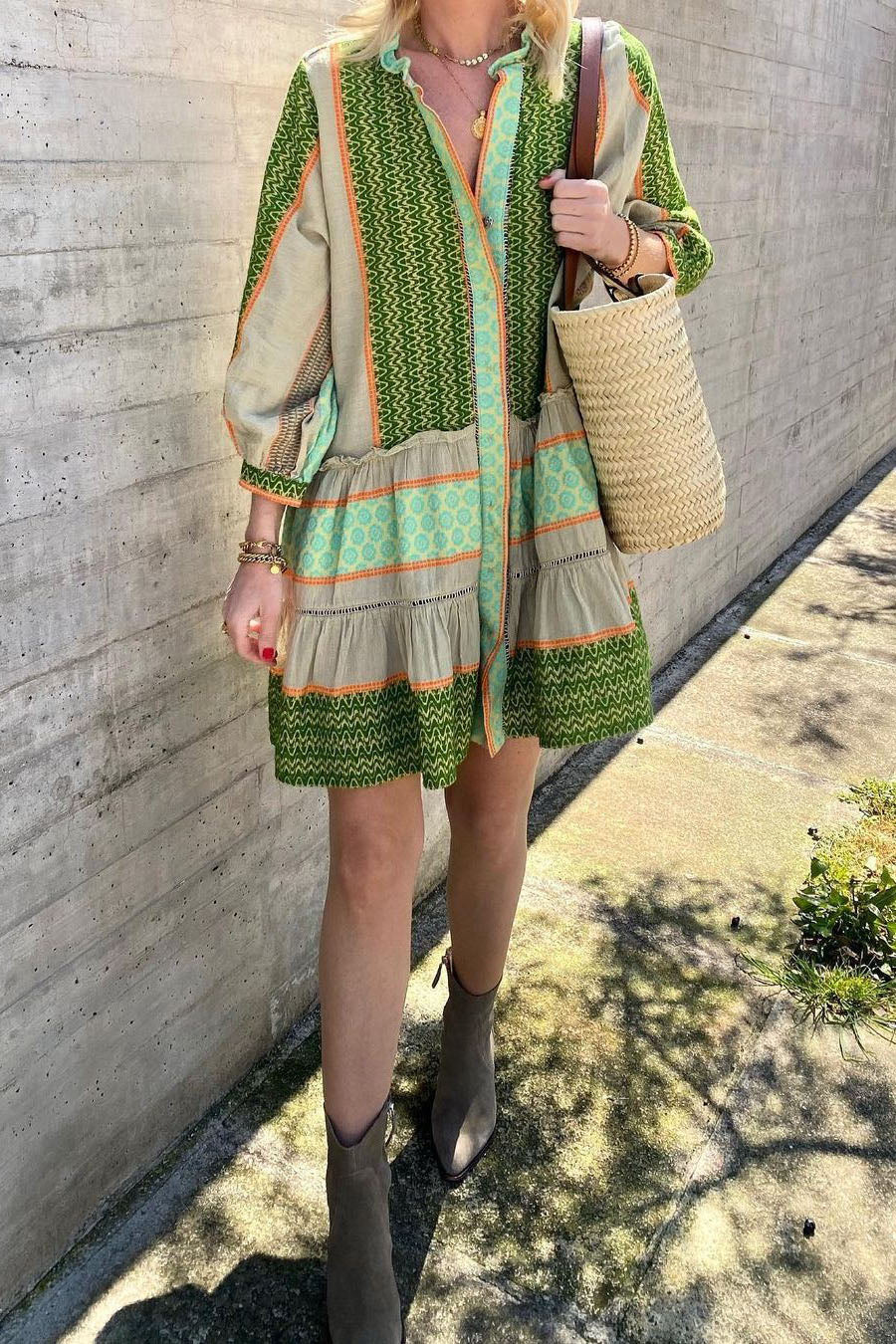 Green Tribal Print Shirt Mini Dress