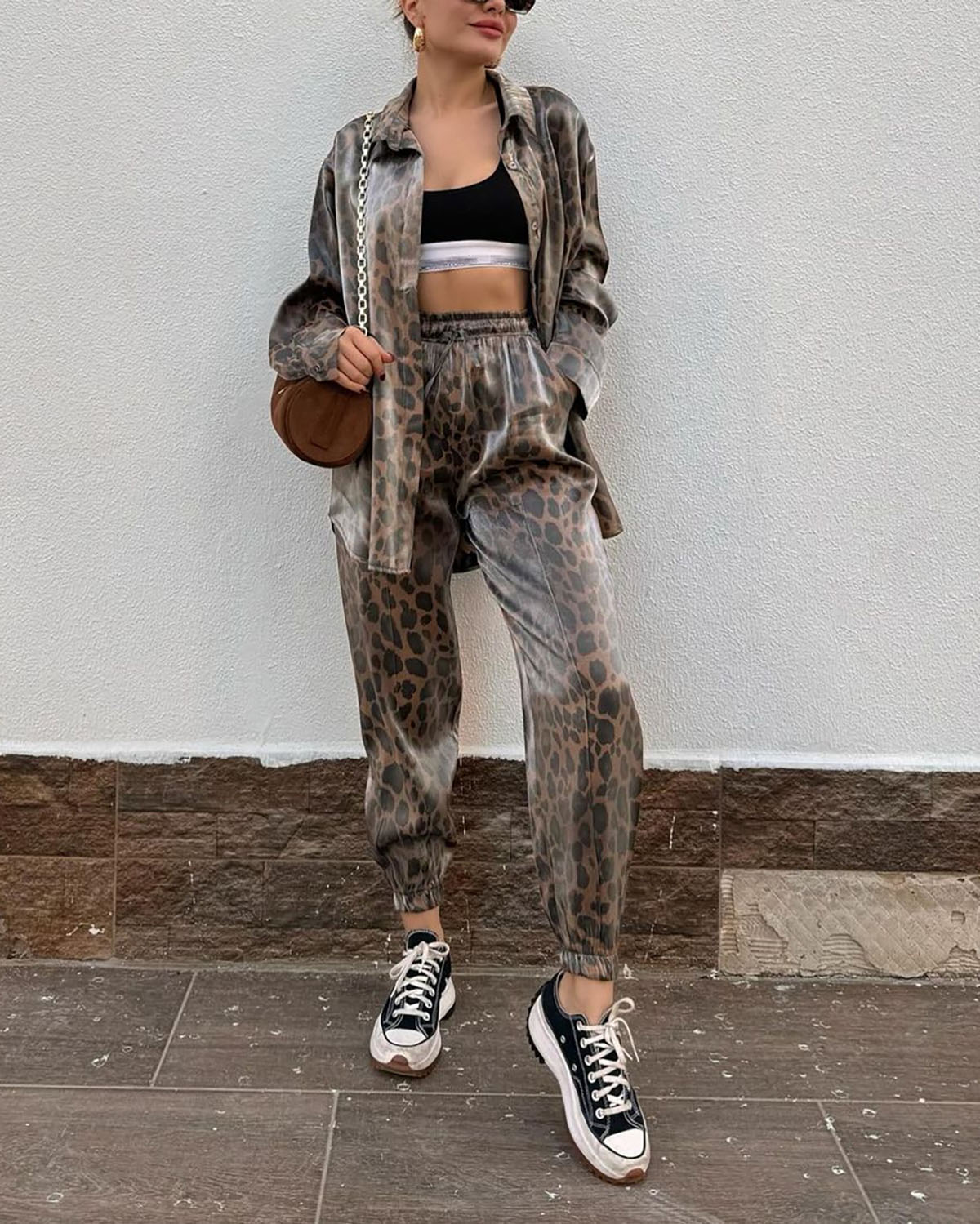 Leopard Print Shirt and Pants Two Piece Suit