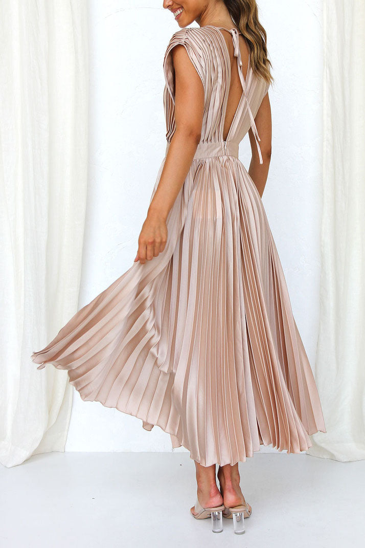 Satin Pleated V-Neck Midi Dress