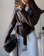 Trendy Belted Faux Leather Motorcycle Jacket