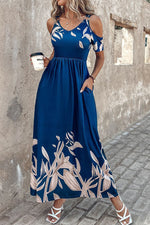 Navy Blue Floral Pleated Waist Midi Dress