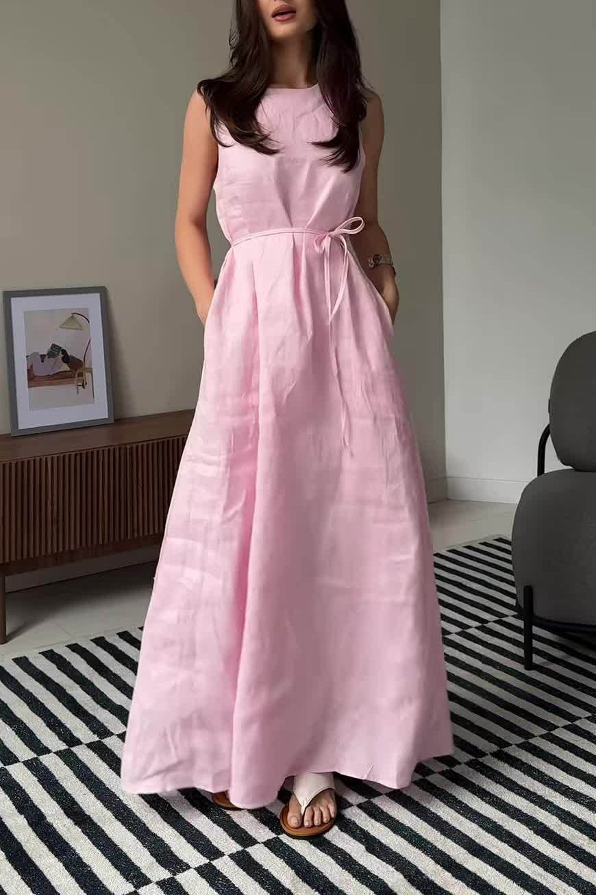 Linen Waist-Tie Sleeveless Maxi Dress