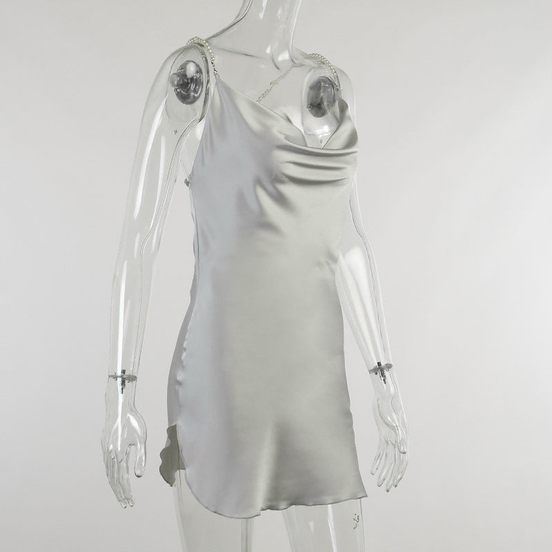 Satin Drapery Neckline Backless Mini Dress