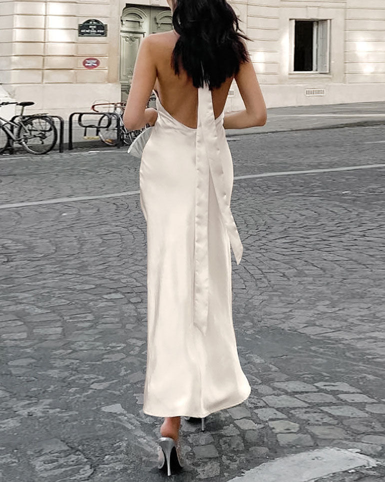 Beige Crossover Halterneck Satin Maxi Dress