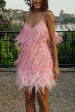 Fringed Sequined Feather-paneled Mini Dress