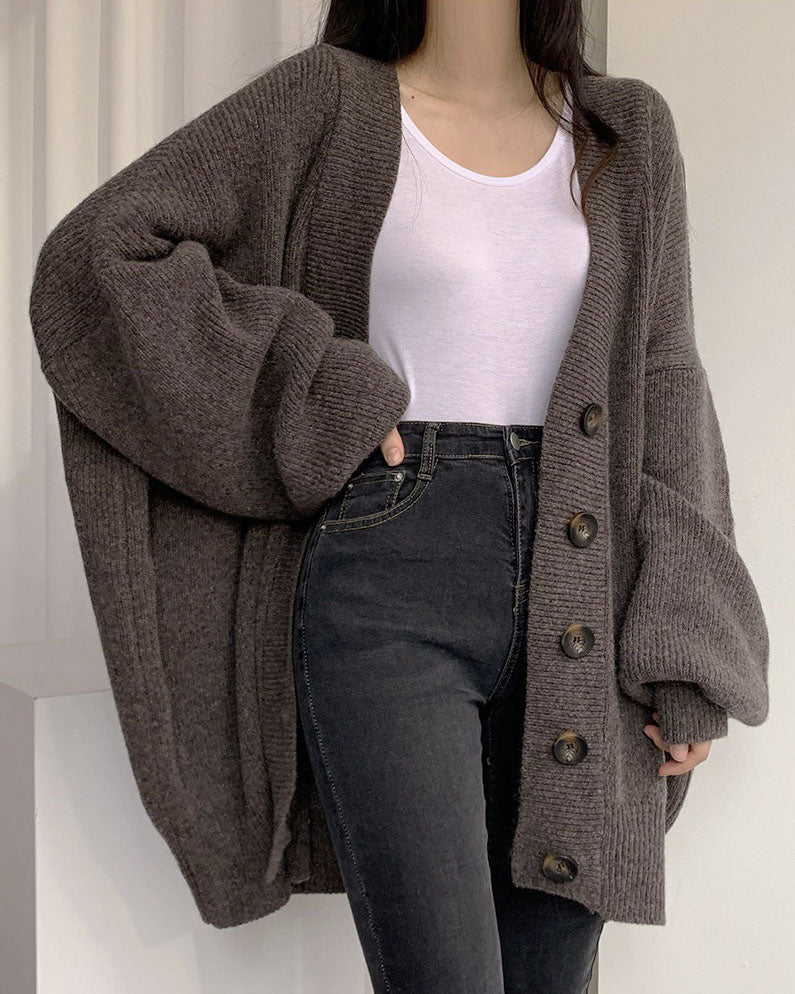 Casual Ribbed Knit Lantern Sleeve Cardigan