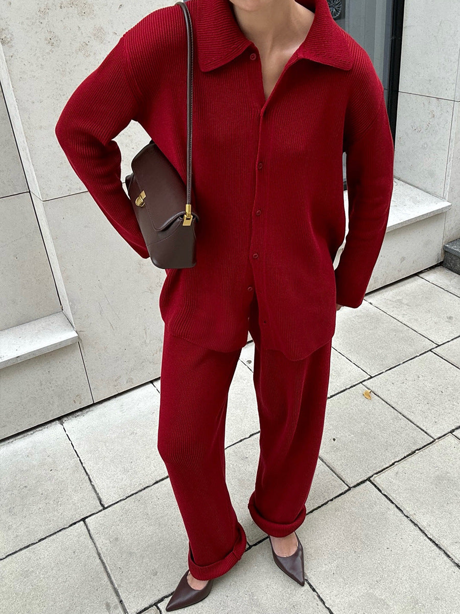 Long Sleeves Buttoned Jacket and Pants Knit Two Piece Set