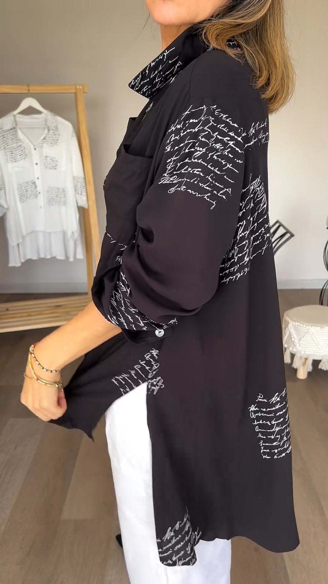 Long Letter Print Loose Shirt