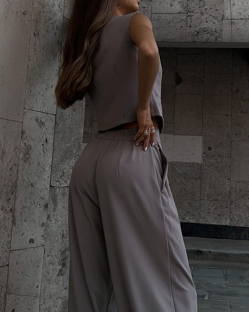 Chic Vest with Wide-leg Pants Two Piece Suit